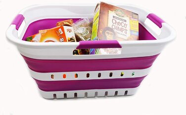 Складаний пластиковий кошик для білизни SAMMART 30 л з 3 ручками, біло-фіолетовий, органайзер для прання, портативний контейнер