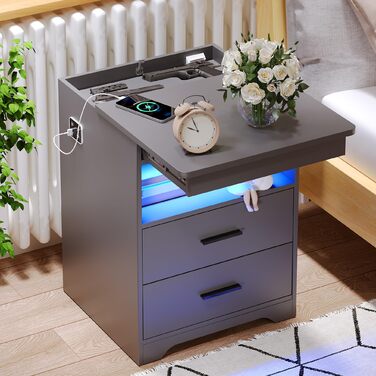 Нічний столик FREDEES з LED-підсвічуванням, ящиком та бездроговою зарядкою, сірий (2 кольори)