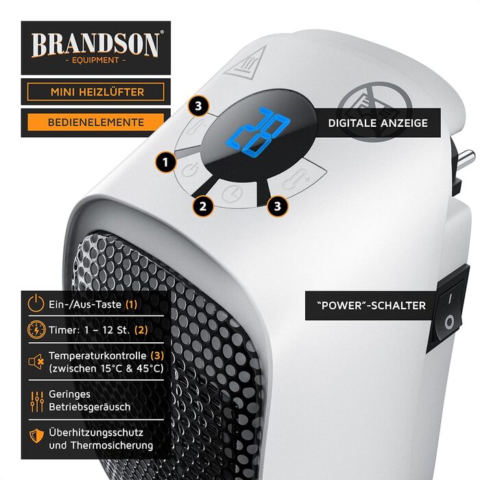 Керамічний обігрівач Brandson з термостатом, цифровим дисплеєм та захистом від перегріву, 400Вт, для ванної та спальні