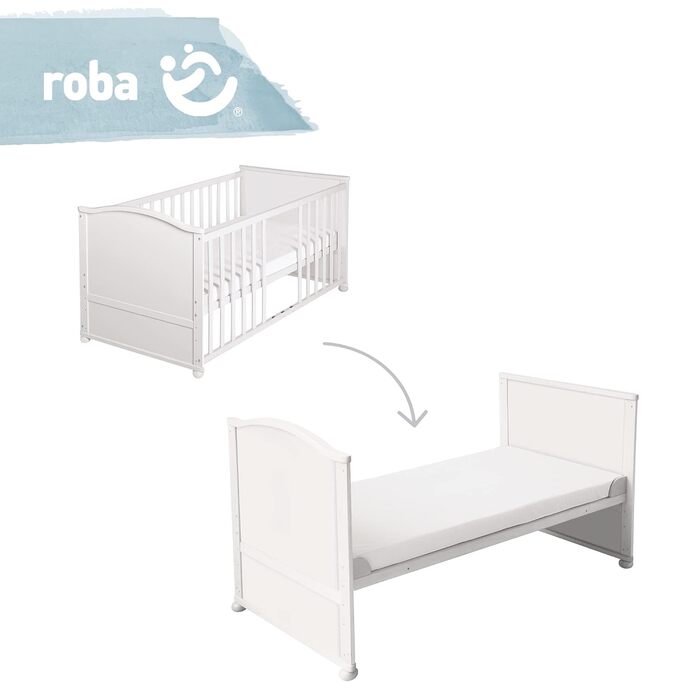 Дитяче ліжечко roba Adam & Eule 70x140 см, біле, комплект: матрац, постіль, балдахін, дерев'яне, регульоване, трансформується у підліткове