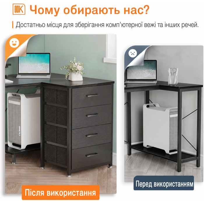 Кутовий письмовий стіл ODK L-подібний, чорний, 140x80x84,7 см, реверсивний, з 4 шухлядами, 2 USB та 2 розетками, комп'ютерний стіл для домашнього офісу