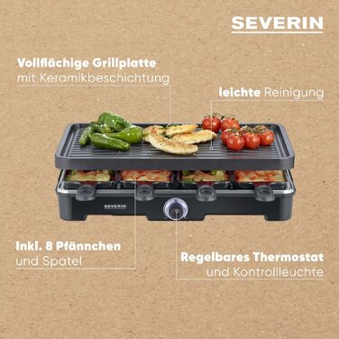 Раклет-гриль Severin RG 9670 з керамічним антипригарним покриттям, 1400 Вт, набір на 8 осіб (8 сковород та лопаток), чорний