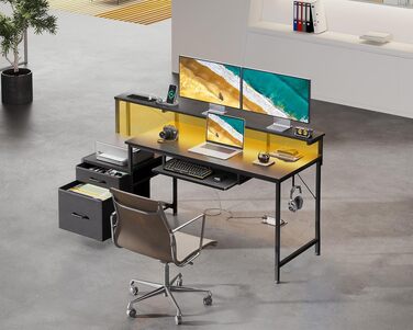 Ігровий стіл Coleshome з LED підсвіткою 140x48 см, з ящиками, 2 розетками та 2 USB портами, з підставкою для монітора, чорний