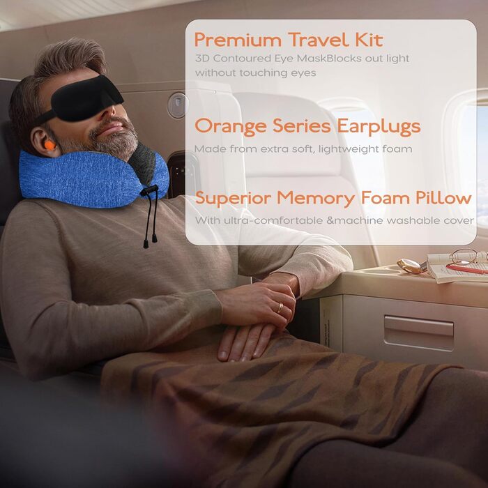 Подушка під шию для подорожей з ефектом пам'яті (Memory Foam) з 3D-маскою для сну та берушами, синя — ідеальна для літака, авто та офісу