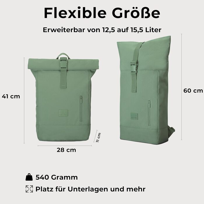 Рюкзак Johnny Urban Robin Medium зелений ролтоп з відділенням для ноутбука 15L, водовідштовхувальний, універсальний для жінок і чоловіків, для навчання, роботи, велосипеду, екологічний