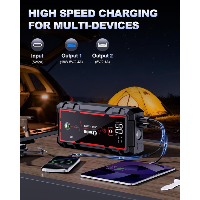 Бустер для автомобіля (Пусковий пристрій) 8000mAh, портативний акумулятор для запуску двигунів до 7.0L бензин та 5.0L дизель, 12V з ліхтариком (3 режими) та пусковими кабелями