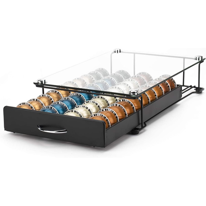Підставка для капсул Nespresso Vertuo HiveNets з шухлядою, чорна, для 40 капсул, загартоване скло