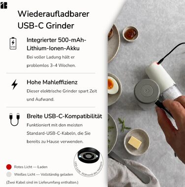 Набір електричних млинків для солі та перцю з USB-зарядкою, автоматична млиночка з керамічним механізмом, регулювання помолу та LED-підсвіткою (комплект 2 шт, Greige & Buttercream)