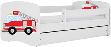Дитяче ліжко Kids Collective 160x80 см з бортиком, ламелями та ящиком, біле, для хлопчиків, пожежна машина