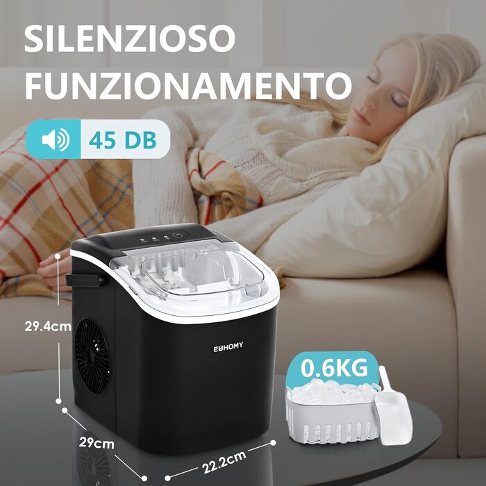 Льодогенератор EUHOMY 12 кг/24 год, самоочищення, з ручкою, лопаткою, кошиком, чорний, 45 дБ