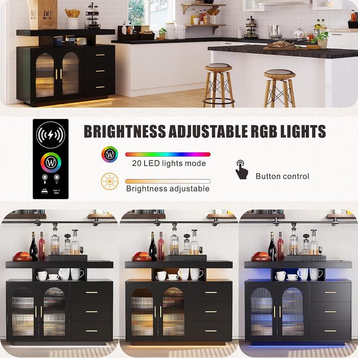 Кухонна шафа FREDEES з RGB-підсвіткою та функцією зарядки, чорна