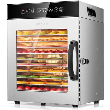 Сушарка для продуктів Kwasyo Edelstahl 750W, 12 ярусів, професійна, з таймером, регулюванням температури та захистом від перегріву + книга рецептів