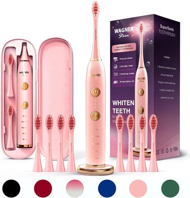 Електрична зубна щітка Wagner Stern WHITEN+ Edition з датчиком тиску. 5 режимів чищення, 3 рівні інтенсивності, 8 насадок, преміум-чехол. Зелений (Рожевий)