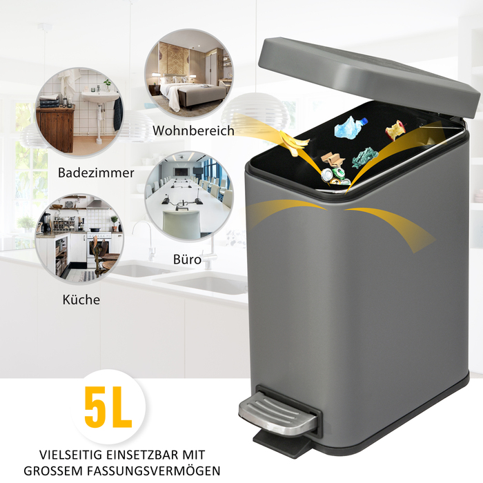 Відро для сміття HOMCOM 5 л Відро для сміття Косметичний контейнер Відро для сміття з кришкою та ножною педаллю, Відро для сміття з внутрішнім відром, Відро для сміття для ванної кімнати, Офіс, Металевий, Сірий, 29.2 x 14 x 32 см