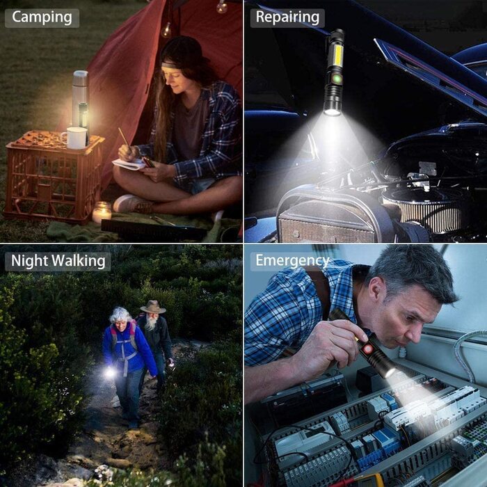 LED ліхтар Karrong 3000 люмен з магнітом, USB-зарядка, водонепроникний, з COB боковим світлом, 4 режими, для кемпінгу, туризму, 2 шт, чорний