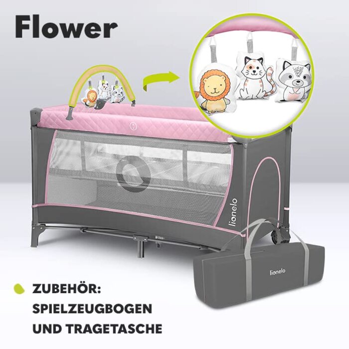 Дитяче ліжечко-манеж Lionelo Flower 4в1 з боковим входом, пеленатором, регульованою висотою, ігровою дугою, колесами та сумкою для транспортування