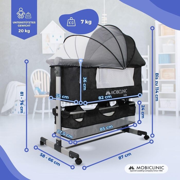 Дитяче ліжко Mobiclinic® 3-в-1: ліжко-гойдалка, ліжко-манежа, ліжко-бічне, чорне, до 20 кг