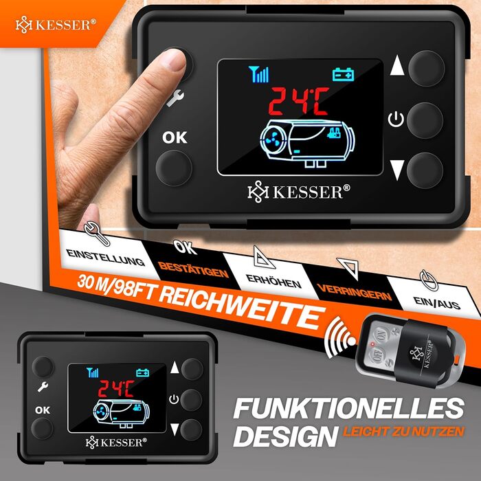 Автономний дизельний обігрівач KESSER 8кВт 12В/24В з LCD-дисплеєм, таймером та пультом керування, повітряний підігрівач з глушником та термостатом (Червоний)