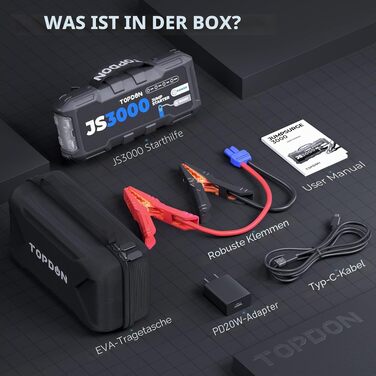 Бустерний пускач TOPDON JS3000 3000A, портативний Jump Starter для авто (бензин до 9л, дизель до 7л), Powerbank 24000mAh з LED-ліхтарем та чохлом