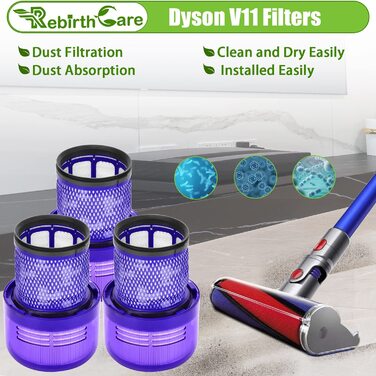 Комплект з 3 фільтрів Rebirthcare для пилососів Dyson V11 SV17 SV14 SV22 Absolute, Pro, Animal, Torque Drive, Total Clean, змінний HEPA фільтр, сумісний з Dy-970013-02, 97001302, V11-3pcs