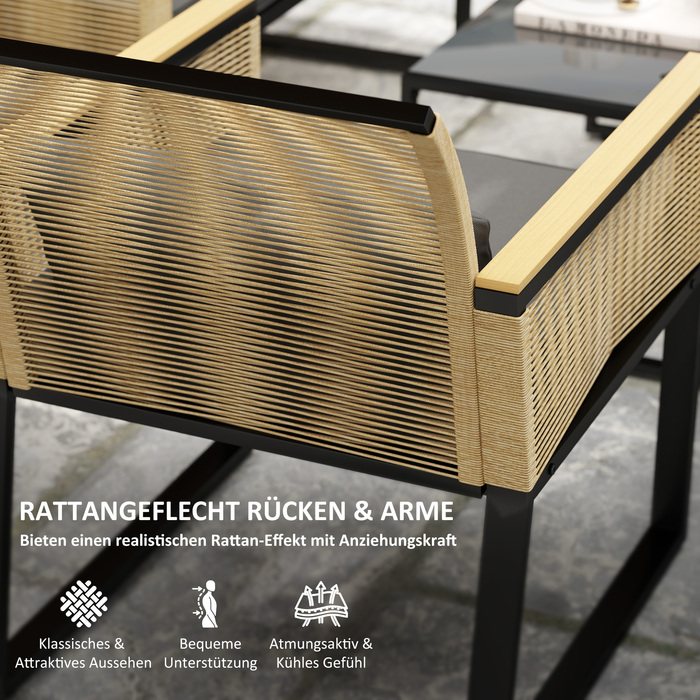 Набір садових меблів Outsunny Poly Rattan 4 особи, Погодостійкий набір балконних меблів з 2-місним диваном, 2 стільці скляна подушка для сидіння столу, Група відпочинку на відкритому повітрі, Меблі для патіо Садовий набір для садового балкона, чорний