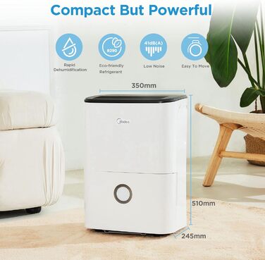 Осушувач повітря Midea DF-20DEN7-WF, 20 л/доба, для приміщень до 40 м², керування через додаток, 3 л бак, білий