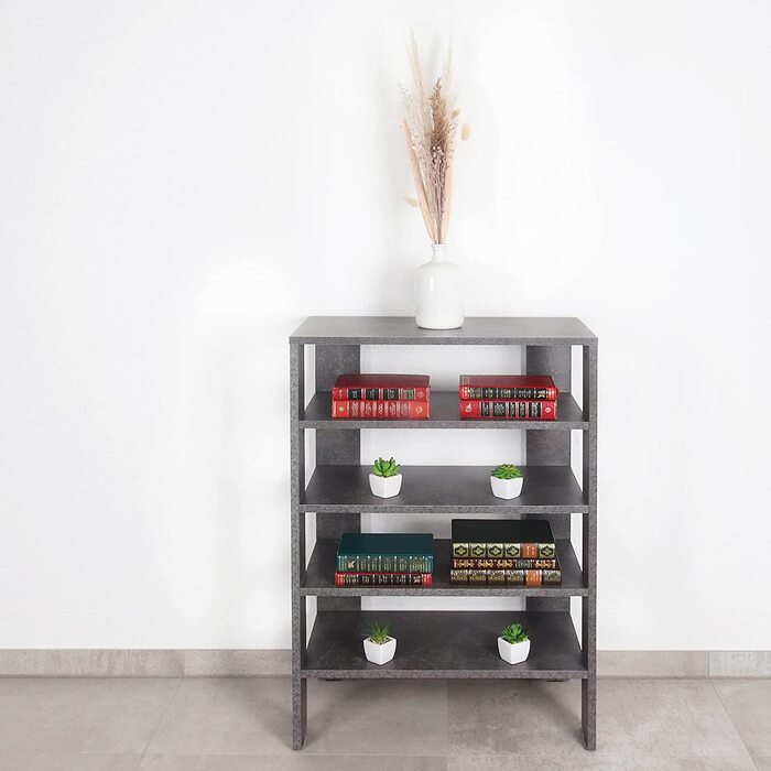 Вузька і висока полиця для взуття RICOO WM040-BG 88x60x32 см, 4-рівнева, пресована деревина, бетонний сірий, відкритий взуттєвий стелаж для передпокою