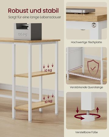 Комп'ютерний стіл VASAGLE BARNET з 3 полицями та 2 шухлядами, 127 x 50 x 76 см, офісний стіл у сучасному стилі (Дуб натуральний/Білий матовий), LWD103YD01