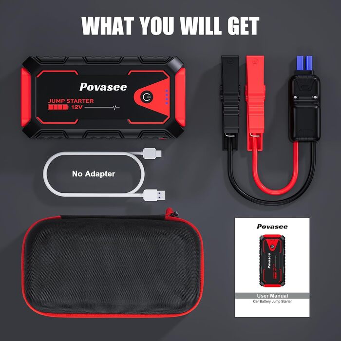 Пусковий пристрій (бустер) Povasee Starthilfe Powerbank 5000A для авто 12V, LCD-дисплей, USB-порти, для бензинових та дизельних двигунів до 10л, червоний