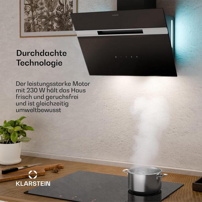 Витяжка кухонна Klarstein 60 см, похила, з RGB-LED підсвіткою, режим відведення та рециркуляції повітря, продуктивність 594 м³/год, клас енергоефективності A, чорна
