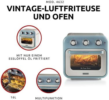 Аерофритюрниця та піч 2-в-1 Ariete Vintage 4632, 16 л, з вертелем та кошиками з нержавіючої сталі, 1400 Вт, таймер 60 хв, до 230°C, блакитний