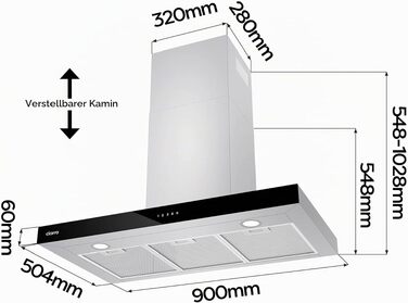 Витяжка кухонна CIARRA CBCS9102 A+++ 90 см, нержавіюча сталь, 650 м³/год, з вугільним фільтром CBCF003, сенсорне керування, настінний монтаж