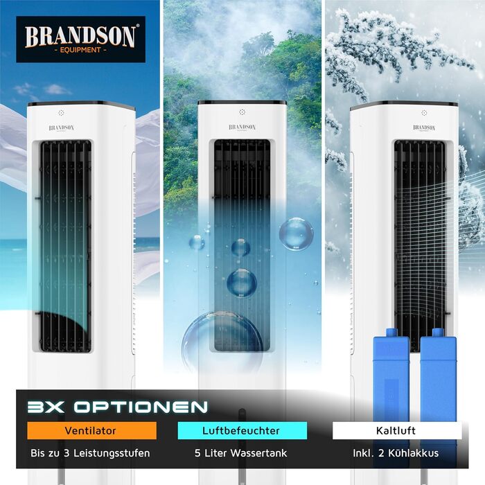 Brandson Турмовентилятор з водяним охолодженням 5-в-1: Повітряний охолоджувач, вентилятор, мобільний кондиціонер без шлангу - Білий матовий
