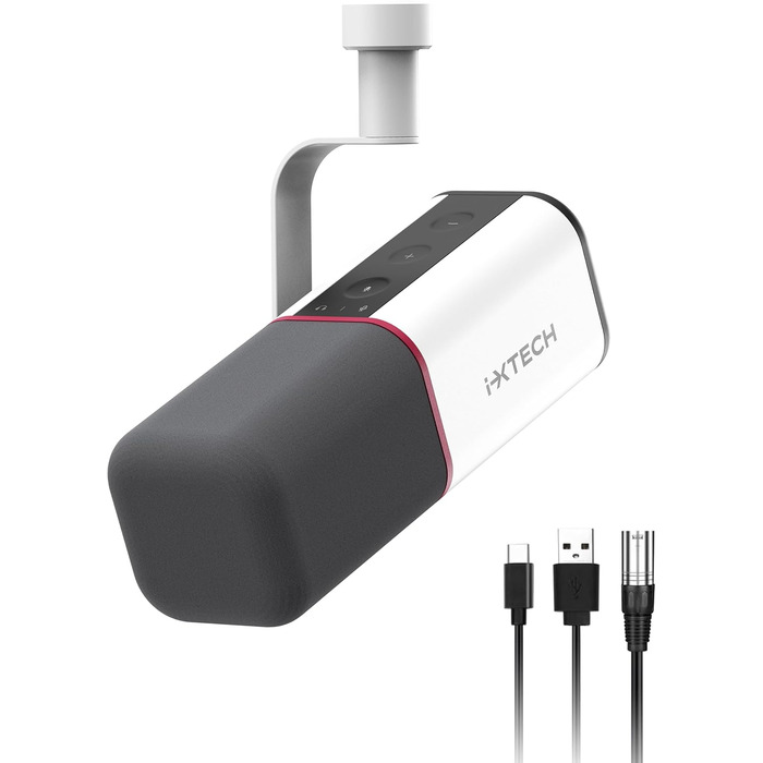 IXTECH Динамічний мікрофон із кардіоїдною діаграмою, RGB підсвітка, USB/XLR, для співу, подкастів, стрімінгу, запису, ігор та озвучування, білий