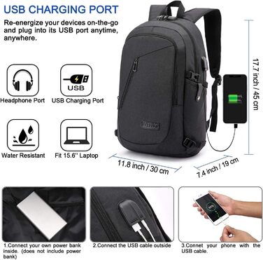 Чоловічий рюкзак WENIG для ноутбука 15,6'' з USB, водонепроникний, антикрадій, для бізнесу, школи та подорожей, чорний