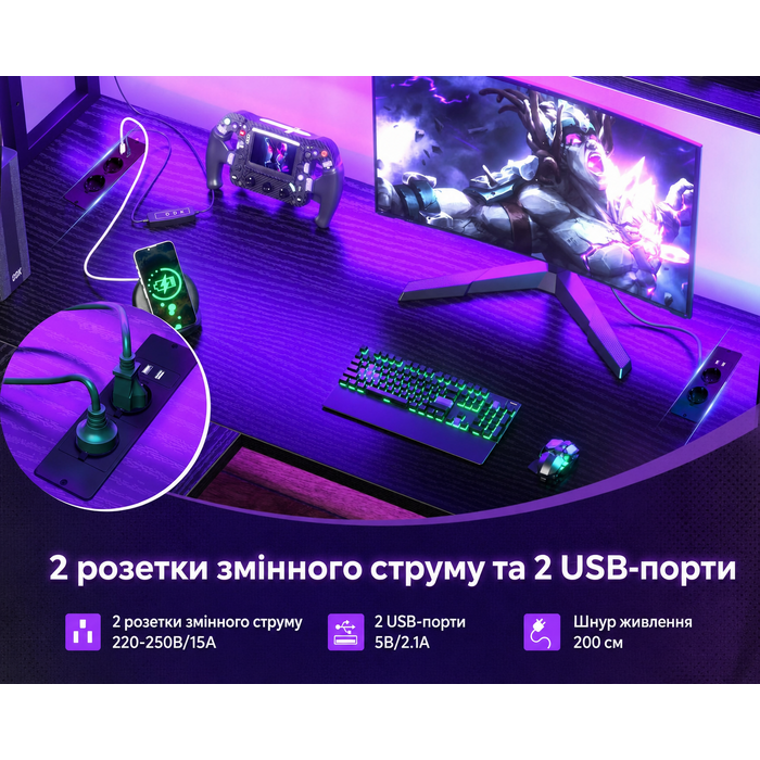 Ігровий стіл ODK L-подібний з LED-підсвіткою, 2 розетками та 2 USB-портами, кутовий письмовий стіл 150×120 см, чорний, із полицею та стелажем для зберігання