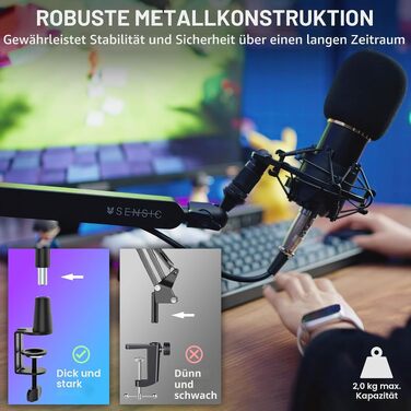 Настільний мікрофонний стійка-пантограф SENSIC SA-30 LP Low Profile з обертовим плечем 360°, кабелем-менеджментом та універсальним тримачем для стрімінгу та запису