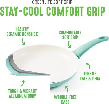 Набір посуду GreenLife Soft Grip 23 предмети: каструлі та сковороди з керамічним антипригарним покриттям, без PFOA/PFAS, для плити та духовки, бірюзовий
