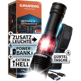 Ліхтарик GRUNDIG LED акумуляторний, надяскравий, з іонною технологією, аварійною USB-зарядкою, додатковим робочим світлом, міцний алюмінієвий корпус, потужний Li-акумулятор