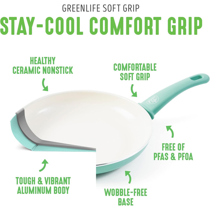 Набір посуду GreenLife Soft Grip 23 предмети: каструлі та сковороди з керамічним антипригарним покриттям, без PFOA/PFAS, для плити та духовки, бірюзовий
