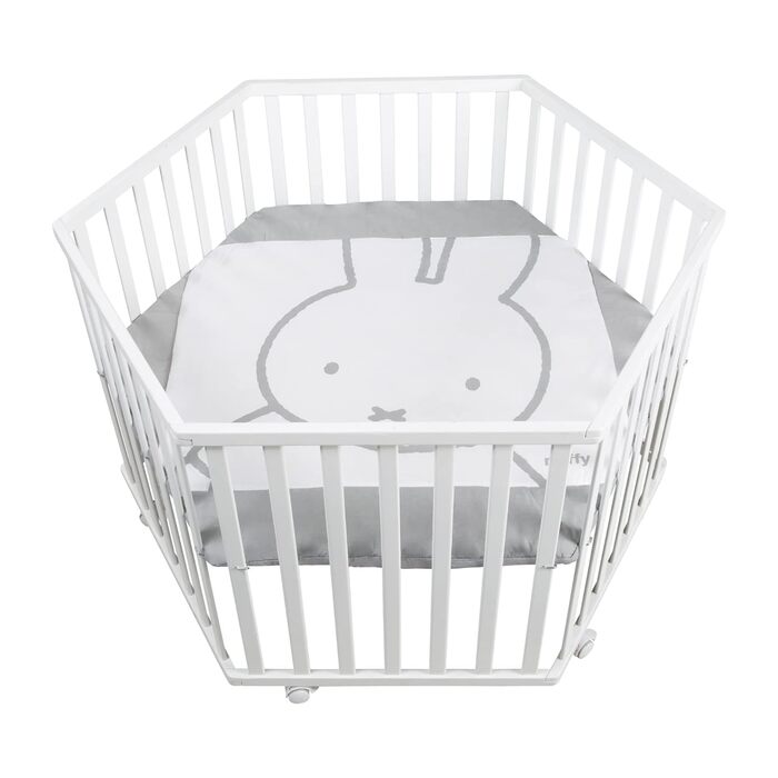 Дитячий манеж шестикутний roba з вкладкою Miffy, 3-рівневе регулювання, мобільний дерев'яний білий манеж на колесах