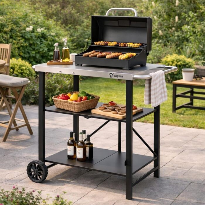 Складаний стіл-візок для гриля BBQ-Toro (60 x 80 x 82 см), сервірувальний допоміжний столик для газового гриля, сріблястий