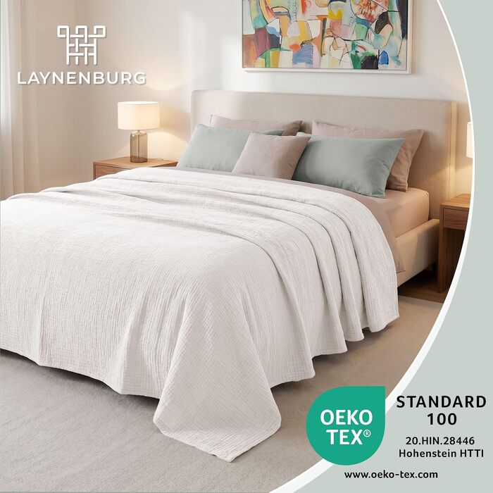 Преміум плед з мусліну LAYNENBURG 150x200 см, 100% бавовна, м'яка покривало на ліжко та диван, колір кремовий екру