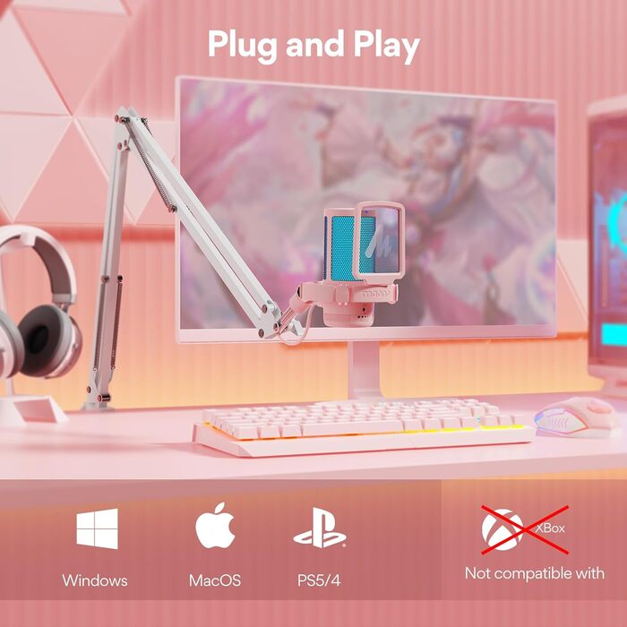 Ігровий мікрофон MAONO GamerWave DGM20S рожевий з шумопоглинанням, RGB-підсвічуванням, для ПК, стрімінгу, подкастів, YouTube, Twitch, Discord, PS5/4