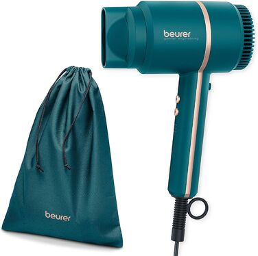 Фен Beurer HC 35 з іонізацією, 1600-2000 Вт, компактний, для блискучого та гладкого волосся, з насадкою, LED-індикацією та чохлом, колір ocean petrol