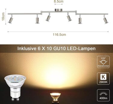 Стельовий LED світильник Defurhome на 6 спотів, поворотна сучасна люстра (матовий нікель) для кухні, вітальні та спальні, включаючи 6 ламп GU10 4W (теплий білий), сріблясто-сірий
