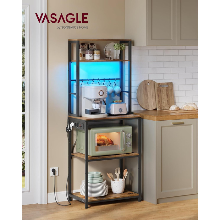 Кухонний стелаж VASAGLE з LED-підсвіткою та розетками, полиця для мікрохвильовки з регульованими рівнями та 8 гачками, 40 x 80 x 168,4 см, колір золотий дуб та білий (KKS050YA01)