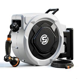 Шланговий барабан SUNPOW настінний 30м для саду, тераси та двору. Автоматичний намотувач шланга 16 мм з фіксацією, поворотна стійка 180°, 10-функціональна насадка для поливу.