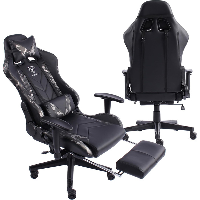 Ігрове крісло Gaming Chair з підніжкою, ергономічними 4D-підлокітниками та регульованою підтримкою спини, офісне крісло для геймерів (Чорний/Мілітарі-сірий)