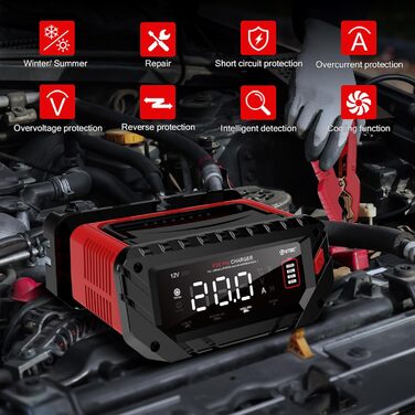 Автоматичний зарядний пристрій HTRC 12В/24В 20A для автомобільних акумуляторів: універсальний заряд для авто, мотоцикла, газонокосарки, човна, літієвих (LiFePO4) та свинцево-кислотних (AGM, Gel, MF, EFB, SLA, VRLA, Wet) акумуляторів